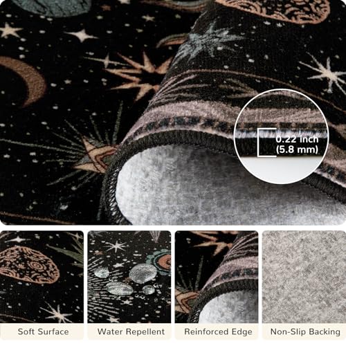 Vacuum-Friendly, 2x3 Washable Area Rug, Black Green Beige | Sun and Moon Boho Gothic Non-Slip Low Pile Living Roon Bedroom Dining Room Kitchen Entry Entryway Entrance Hallway Doormat - color: Black/Green/Beige, size: 2' x 3' (Rectangular)