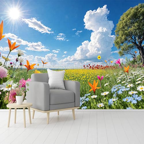 Custom Size Wall Murals, Natural Scenery & Colorful Flowers, Self-Adhesive Removable Fabric (NO PVC) Wallpaper for Living Room & Bedroom & Office