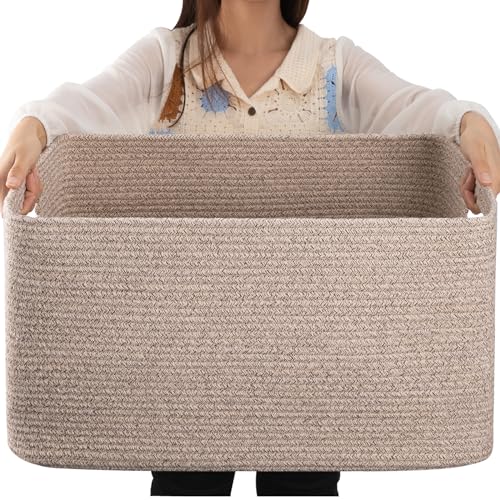 OIAHOMY 75L Large Blanket Basket, 22”x17”x12” Woven Cotton Rope Storage Basket with Handle for Organizing Blanket and Toys for Living Room, Nursery, Brown Variegated - color: Brown variegated, size: 22”x17”x12”