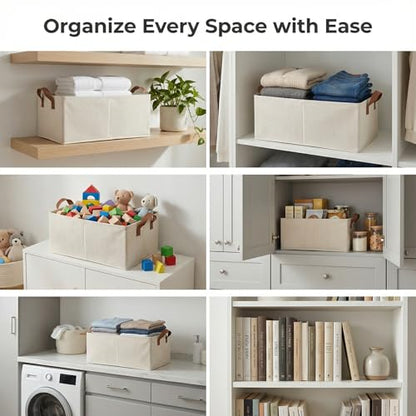 3 Pack Storage Bins Fabric Collapsible Organizers with Handles Sturdy Canvas with PP Board Beige Foldable Storage Box for Closet Shelves, Books, Toys, Clothes, Office Organization