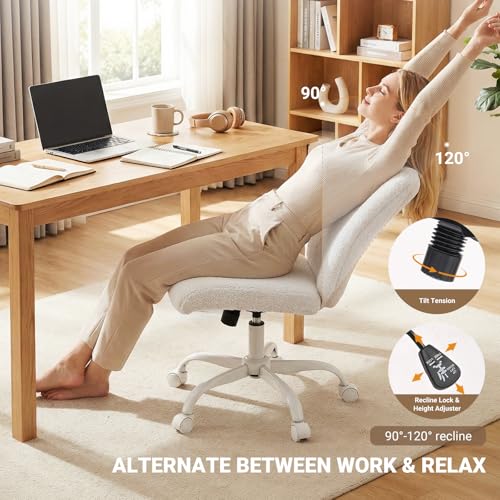 Vanity Chair with Wheels, Armless Office Chair Height Adjustable, Cute Desk Chair with Soft Lumbar Support for Small Space, Bedroom, Make-up Room, White - color: White