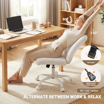 Vanity Chair with Wheels, Armless Office Chair Height Adjustable, Cute Desk Chair with Soft Lumbar Support for Small Space, Bedroom, Make-up Room, White - color: White