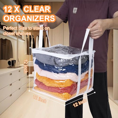Wholelovein 6 PCS Clear Plastic Organizers 12''x12''x12'' Blanket Storage Bags with Zipper Storage Cube Tote with Reinforced Handles for Clothes Moving Supplies Linens Shoes Closet Toys Organizers - size: 6 pack
