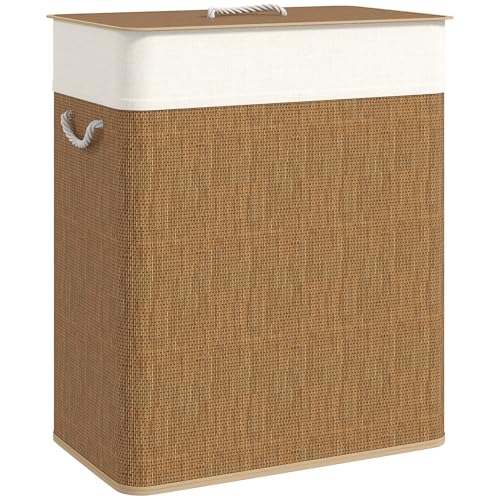 HOMCOM Double Laundry Basket with Lid 26.4 Gallon Bamboo Hamper Brown | Rope Handles, Clothes Hamper, Removable Liner, Bathroom, Bedroom - color: Brown