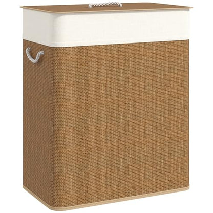 HOMCOM Double Laundry Basket with Lid 26.4 Gallon Bamboo Hamper Brown | Rope Handles, Clothes Hamper, Removable Liner, Bathroom, Bedroom - color: Brown