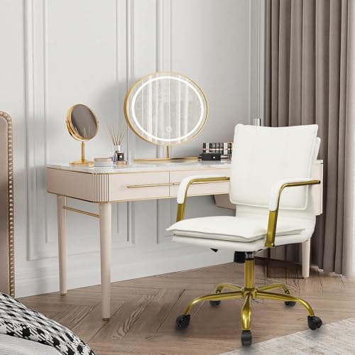 CLATINA Leather Home Office Desk Chair, Swivel Mid-Back Computer Chair with Golden Legs and Arms, Comfy Upholstered Task Chair with Wheels, White - color: White