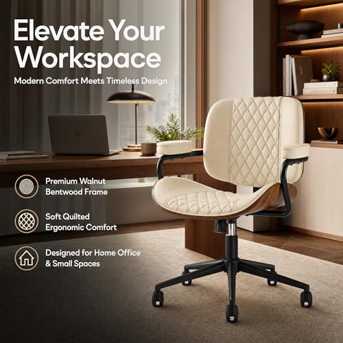 Home Office Desk Chair with Wheels, Armless Adjustable Height PU Leather Office Chair, Mid Back Ergonomic Computer Chair, Walnut Curved Seat Design No-Arm Chair (GX-9006-Armrests-White) - color: Gx-9006-armrests-white