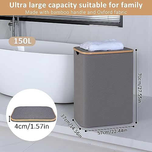 IEGrow Laundry Hamper with Lid,150L Laundry Basket with 2 Mesh Bags,Grey | Dirty Clothes Hamper Basket with Bamboo Handle for Clothes Towels - color: Grey, size: 150L