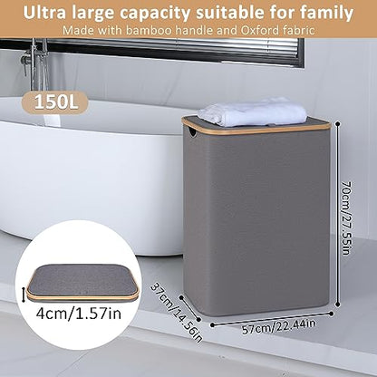 IEGrow Laundry Hamper with Lid,150L Laundry Basket with 2 Mesh Bags,Grey | Dirty Clothes Hamper Basket with Bamboo Handle for Clothes Towels - color: Grey, size: 150L