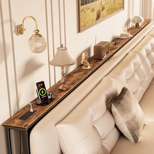 Huuger 149.6 Inch Sofa Table with Power Outlets, Skinny Behind Couch Table | 5.9 Inch Narrow Entryway Table, Extra-Long Console Table, Behind the Couch Table with Outlet for Living Room, Rustic Brown - color: Rustic Brown, size: 5.9"D × 149.6"W × 29.7"H
