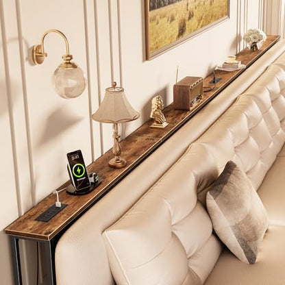 Huuger 149.6 Inch Sofa Table with Power Outlets, Skinny Behind Couch Table | 5.9 Inch Narrow Entryway Table, Extra-Long Console Table, Behind the Couch Table with Outlet for Living Room, Rustic Brown - color: Rustic Brown, size: 5.9"D × 149.6"W × 29.7"H