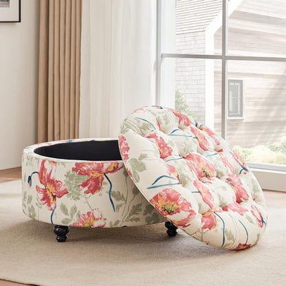 HUIMO 30-Inch Round Storage Ottoman, Button Tufted Coffee Table(Red Flower) | Ottoman Coffee Table with Removable Top, Upholstered Ottoman with Storage, Footrest Stool for Living Room, Bedroom and Office - color: Red Flower
