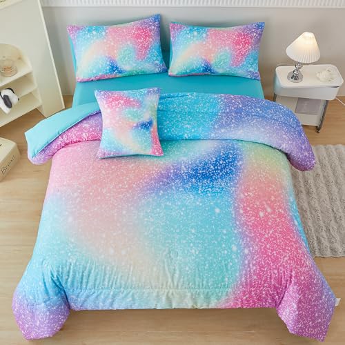 Pink Green Queen Girls Bedding Set | 6 Pieces, Glitter Comforter Set for Queen Size Bed, Colorful Tie Dye Comforter Set with Sheets, Teen Girl Bed in A Bag - color: Blue and Pink, size: Queen