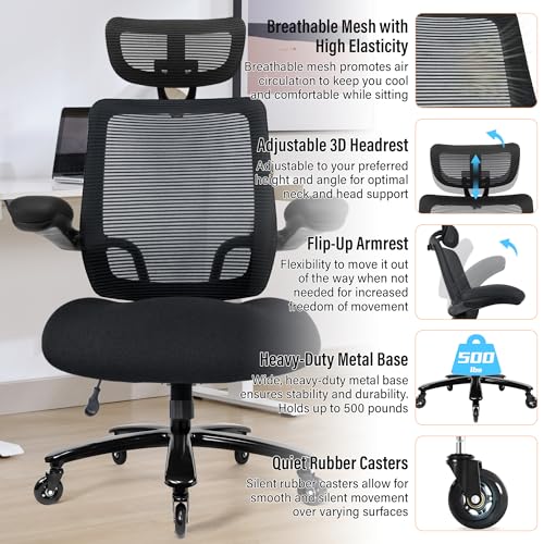 500lbs Big and Tall Office Chair - Heavy Duty Mesh Ergonomic Desk Chair with Headrest, High Back Computer Chair - Flip-up Armrests, Wide Thick Seat Cushion, Quiet Wheels, Black - color: Black With Headrest
