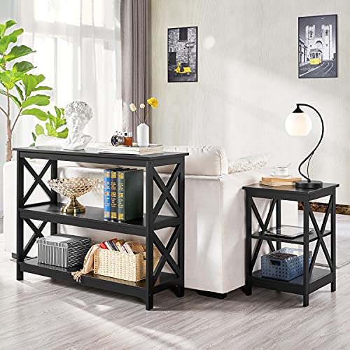 Yaheetech 42" L Black Console Table 3-Tier Narrow X-Design Storage Shelves | Sofa Table for Entryway, Hallway and Living Room, Slim 14" Depth, Powder-Coated MDF, 88 lb Top and 44 lb Shelf Capacity - color: Black