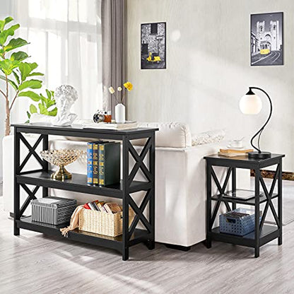 Yaheetech 42" L Black Console Table 3-Tier Narrow X-Design Storage Shelves | Sofa Table for Entryway, Hallway and Living Room, Slim 14" Depth, Powder-Coated MDF, 88 lb Top and 44 lb Shelf Capacity - color: Black
