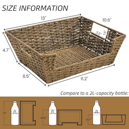2 Pack Open Front Storage Baskets, Built-in Handles | Brown Paper Rope Woven Basket, 13''L x 10''W x 5''H Pantry Organzier Bins for Shelf, Bedroom, Pantry