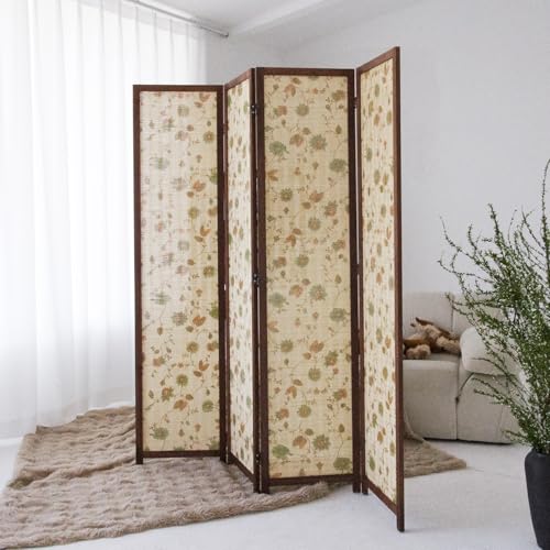 4 Panel Bamboo Room Divider, Double-Sided Privacy Screen | Double-Sided Floral Pattern, 5.6 ft Bamboo Print Folding Screen, Divider for Room Separation, Decorative Panel Divider - size: 4 Panel