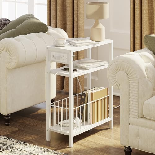 TRIFEBLE Narrow Side Table with Charging Station, Small End Table for Small Spaces, Slim Nightstand with Storage Basket, 3 Tier Skinny Bedside Table for Living Room, Bedroom, White - color: White