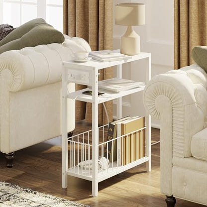 TRIFEBLE Narrow Side Table with Charging Station, Small End Table for Small Spaces, Slim Nightstand with Storage Basket, 3 Tier Skinny Bedside Table for Living Room, Bedroom, White - color: White
