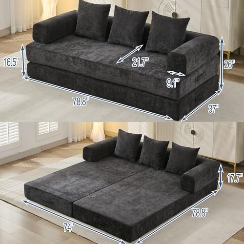 Convertible Folding Sofa Bed Modular Floor Couch, 78.8‘’ Cloud Sleeper Sofa with Removable Backrest, Chenille Foldable Mattress Couch, Lazy Loveseat for Small Space, Apartment, Bedroom, Black - color: #3-black