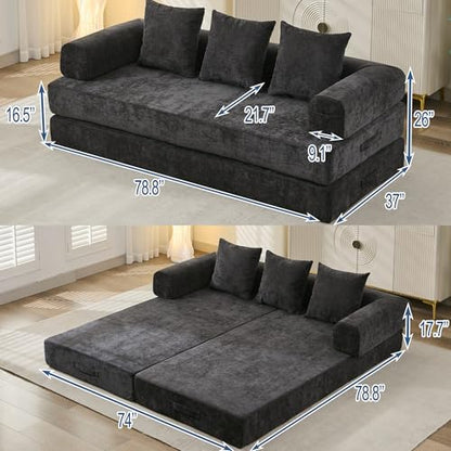 Convertible Folding Sofa Bed Modular Floor Couch, 78.8‘’ Cloud Sleeper Sofa with Removable Backrest, Chenille Foldable Mattress Couch, Lazy Loveseat for Small Space, Apartment, Bedroom, Black - color: #3-black