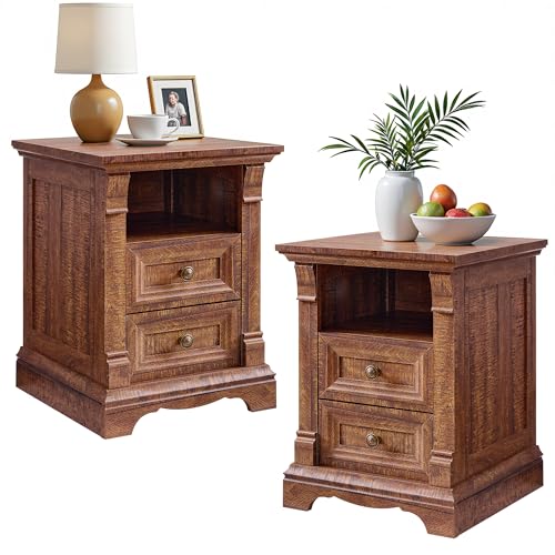 Nightstand Set of 2, 18"Wooden End Table with Charging Station Roman Column | Sofa Side Table Bedside Cabinet for Bedroom, Living Room, Reclaimed Barnwood - color: Reclaimed Barnwood, size: 18"D x 18"W x 24"H