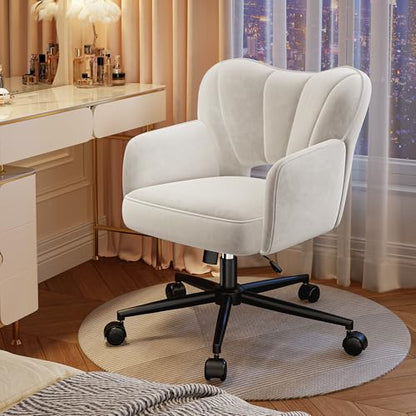 DurayLoly Vanity Chair with Wheels & White — Adjustable Height Makeup Chair, Plush Velvet Seat with Curved Backrest for Women, Girls, Bedroom Vanity & Desk, White - color: White