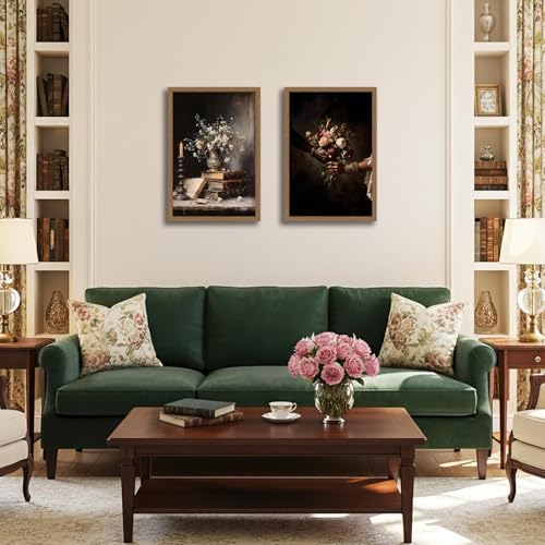 2Pcs Framed Vintage Gothic style Candles and books Floral Still Life Wall Art Dark flowers Hands Holding Bouquet Canvas Printing Elegant Picture for Home Decor for Living Room Bedroom Office16x24in - color: Hands Holding Bouquet, size: 16x24 Inches