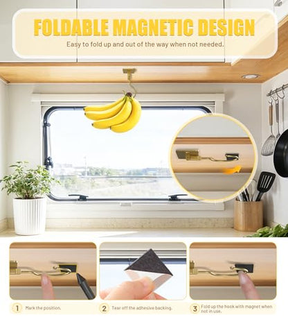 Banana Hook, Metal Banana Hanger Under Cabinet, Gold, 1 Pcs | 2 Mount Options, 360° Rotatable, Magnetic Foldable, Compact Size, Suits for Fruits, Cups, Mugs, Utensils, Oven Mitts, Towels - color: Gold