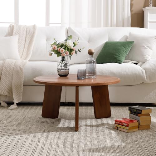32" Round Coffee Table for Living Room, Wood Coffee Table with Solid Wood Legs, Small Center Table for Apartment, Modern Rustic Circle Coffee Table, Easy Assembly, Walnut - color: Circle, Walnut