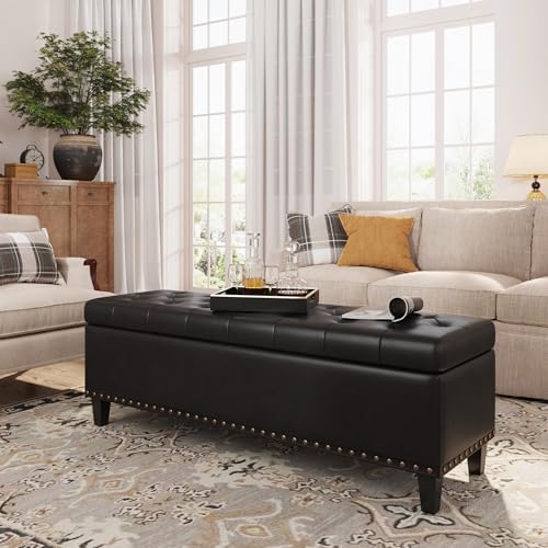 FiveWillowise 51 Inch Storage Ottoman Bench,Large End of Bed Storage Bench | Faux Leather Ottoman with Storage,30 Gallons,Upholstered,with Nailhead Trim,Legs,for Bedroom,Living Room,Entryway,Black - color: Black