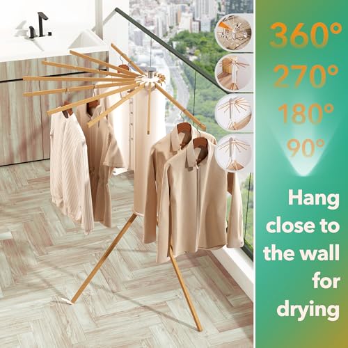 Heavy-Duty Wooden Tripod Clothes Drying Rack, 16 Rods, Large Capacity, 360° Airflow Umbrella Dryer, Foldable Space-Saving Floor Stand for Indoor Outdoor Use