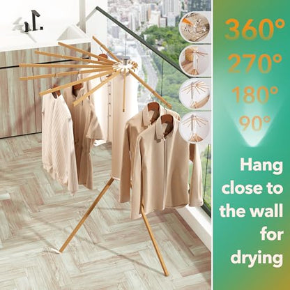 Heavy-Duty Wooden Tripod Clothes Drying Rack, 16 Rods, Large Capacity, 360° Airflow Umbrella Dryer, Foldable Space-Saving Floor Stand for Indoor Outdoor Use