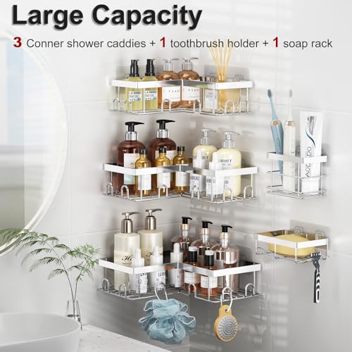 Liuoud Corner Shower Caddy 5 Pack Adhesive Stainless Steel Organizer Silver | Shower Shelves with Soap Rack Toothbrush Holder, Large Capacity No Drilling Bathroom Accessory Home Decor Set - color: Silver