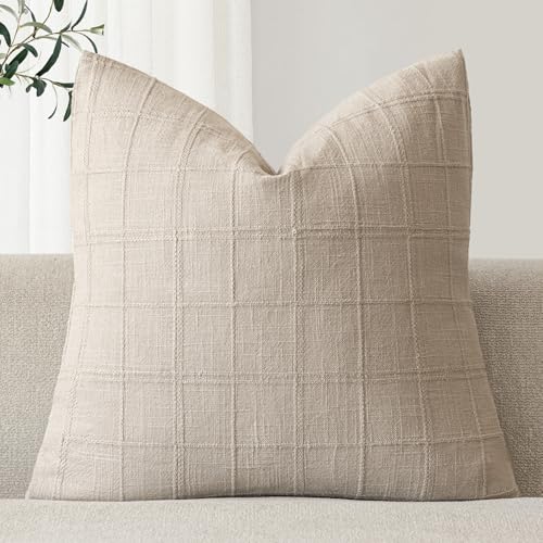 Foindtower Set of 1 Decorative Linen Check Throw Pillow Cover Neutral Farmhouse Vintage Cushion Cover Modern Boho Home Decor for Sofa Chair Couch Bedroom Living Room,18×18 Inch,Natural Linen - color: Natural Linen, size: 18" x 18" (Pack of 1)