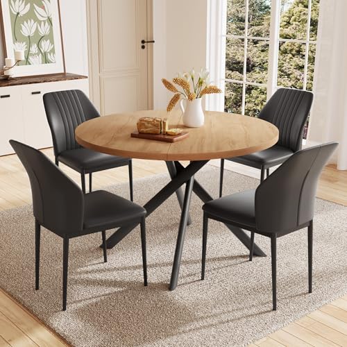 HIPIHOM 45.3 Inch Round Dining Table Set for 4, Mid Century Modern Small Kitchen Coffee Set for Dining Room Kitchen Apartment (Oak Table + 4 Black Chairs) - color: Oak Table+4 Black Chairs