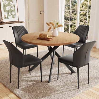 HIPIHOM 45.3 Inch Round Dining Table Set for 4, Mid Century Modern Small Kitchen Coffee Set for Dining Room Kitchen Apartment (Oak Table + 4 Black Chairs) - color: Oak Table+4 Black Chairs