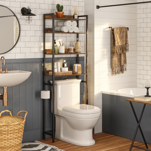 MAHANCRIS Over The Toilet Storage Rack, 4 Tier Bathroom Organizer Over Toilet, Freestanding Space Saver Toilet Stand with 2 Hooks, Bathroom Storage Shelf, Easy to Assemble, Rustic Brown TSHR0401Z - color: Rustic Brown, size: 4 Tier (23.6"l X 9.5"w X 68.3"