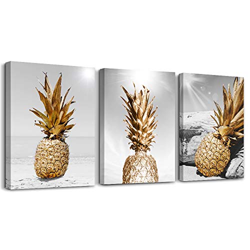 TTHYUEWS Canvas Wall Art for bar kitchen Living Room Office Bathroom home decoration Board Black and white Beach scenery golden Pineapple pictures Artwork restaurant Wall Decor Ready to Hang - color: Golden Pineapple, size: 16x24inches*3pcs