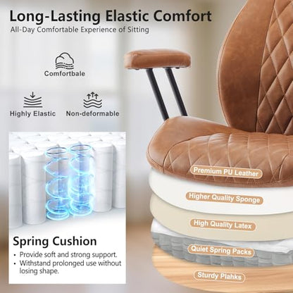 YFO Home Office Desk Chair Office Rubber Casters Ergonomic Computer Chair with Lumbar Support Adjustable Height Rolling Swivel Executive Task Armrests Chair， Brown Leather - color: Brown, size: Mid Back