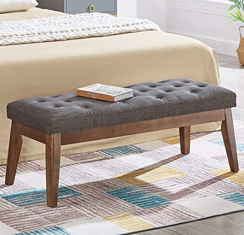 24KF Linen Upholstered Buttons Tufted Entryway Bench with Solid Wood Leg,Bed Bench Ottoman with Padded Seat,5034-Dark Gray - color: Dark Gray Linen, size: Tufted Bench with Solid Wooden Base