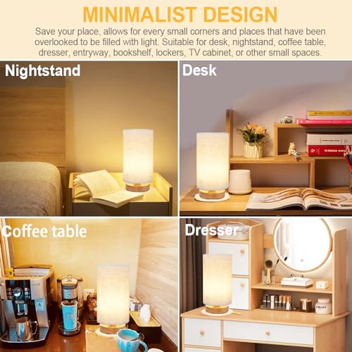 Small Bedside Table Lamp for Bedroom, Minimalist Wood Base & Round Fabric Shade, Mini Cute Cozy Warm White Nightstand Boho Lamp, Study Desk Night Stand Light for Room, Dorm, Nursery, Living Room - size: Round - Set of 1