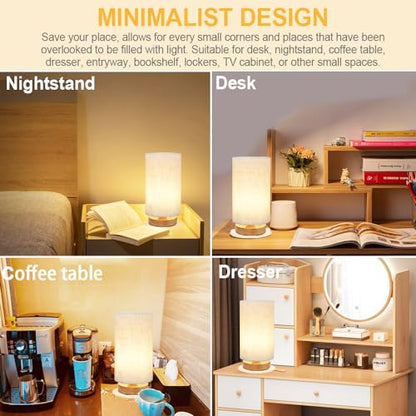 Small Bedside Table Lamp for Bedroom, Minimalist Wood Base & Round Fabric Shade, Mini Cute Cozy Warm White Nightstand Boho Lamp, Study Desk Night Stand Light for Room, Dorm, Nursery, Living Room - size: Round - Set of 1