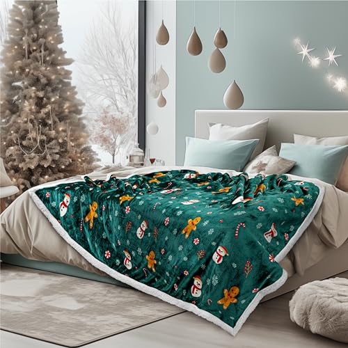 PAVILIA Green Christmas Sherpa Throw Blanket, Gingerbread Snowman Holiday Pattern, Soft Reversible Fleece & Sherpa 60x80 Winter Blanket for Couch & Bed, Cozy Christmas Decor - color: Green Gingerbread, size: 60 x 80 Inches