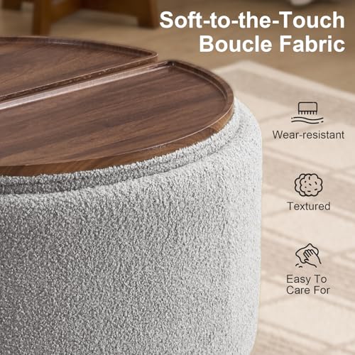 29.5" Round Storage Ottoman Coffee Table, Dual Reversible Lids, Grey | Round Ottoman Coffee Table, Swivel Casters, Hidden Storage, Dual Lift-Off Lids, Teddy Fabric, Living Room, Bedroom - color: Grey