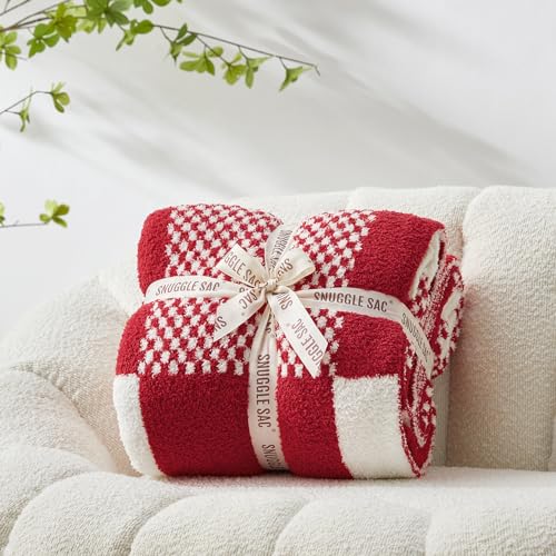 Snuggle Sac Checkered Blanket, Buffalo Plaid Checker, Lux Soft Fuzzy Cozy, Reversible Knitted, Red White, 60x80 inches - color: Checker Red White, size: Twin(60"x80")