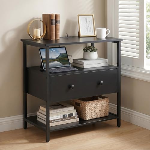 Edbuosy 27" Wide Nightstand with Charging Station & Drawer, Black | Small Dresser for Closet, 2 AC Outlets & 2 USB Ports, Open Shelf, Adjustable Feet, Wood Nightstand for Living Room or Bedroom - color: Black, size: 1 Drawer