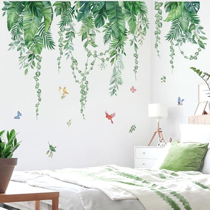 wondever Green Tropical Leaves Wall Decals Palm Leaf Plants Wall Stickers | Peel and Stick, Removable, Wall Art Decals, Wall Decoration, Living Room Bedroom, Office Sofa TV Home Wall Decor - style: Green Leaves