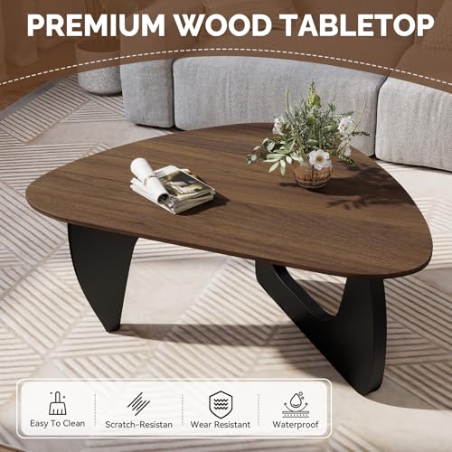 Modern Wood Coffee Table, Triangle Center Table with Premium Wooden Top& Unique Base, 35.5” Small Mid Century Tea Tables for Living Room, Apartment, Office,Walnut & Black - color: Walnut & Black, size: Medium 35.5*25.5*15.7in